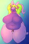  2014 anthro big_breasts big_lips blush bow breasts brown_hair clothed clothing female goodra green_eyes green_hair hair hi_res human kneeling lips looking_down macro mammal micro navel nintendo nude overweight pok&eacute;mon pok&eacute;morph purple_lips purple_skin sheela shirt short_hair smil thick_thighs video_games wide_hips 