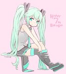 aqua_hair black_footwear black_legwear blush boots dated full_body hatsune_miku long_hair nagian putting_on_boots putting_on_shoes sitting skirt smile solo thigh_boots thighhighs twintails very_long_hair vocaloid 