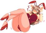  1girl animal_ears ass bach bare_shoulders blush breasts brown_eyes brown_hair bunny_ears bunny_girl bunny_tail bunnysuit female hair_ornament high_heels large_breasts legs leotard long_hair lying on_back original pantyhose shoes simple_background solo tail thick_thighs thighs white_background 