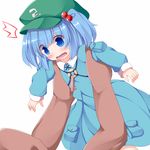 1girl blue_eyes blue_hair blush dress hair_bobbles hair_ornament hat jewelry kawashiro_nitori key lifting_person long_sleeves looking_at_another necklace nikku_(ra) short_hair short_twintails simple_background skirt skirt_set solo surprised sweatdrop touhou twintails two_side_up wavy_mouth white_background 