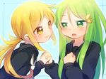  blonde_hair green_eyes green_hair kantai_collection long_hair long_sleeves multiple_girls nagatsuki_(kantai_collection) ponytail satsuki_(kantai_collection) smile soiri_(us) uniform yellow_eyes 