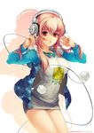  breasts headphones hood hoodie large_breasts long_hair looking_at_viewer nitroplus panties phong_anh pink_hair pom_pom_(clothes) red_eyes solo super_sonico underwear 