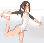  2013 barefoot blush brown_eyes brown_hair bulge covered_nipples flexible gymnastics leotard lips long_hair male_focus original otoko_no_ko ponytail raglan_sleeves rhythmic_gymnastics sidelocks skin_tight solo standing standing_on_one_leg toes toxxy 