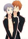  blue_eyes blush closed_eyes dated free! grey_hair hands_on_another's_shoulders jacket kisaragi_julia male_focus mikoshiba_momotarou mole mole_under_eye multiple_boys nitori_aiichirou open_mouth orange_hair smile sweat 