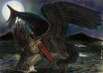  ambiguous_gender armor black_fur canine eleweth fur mammal moon night omega row sword weapon wings wolf 