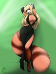 2014 arms_behind_head big_breasts black_nose blonde_hair breasts cleavage clothed clothing dress elbow_gloves female fur gloves hair heels lips long_hair looking_at_viewer madturtle makeup mammal purple_eyes red_fur red_panda smile solo standing stripes white_fur wide_hips 