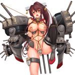  anchor arms_behind_back bangs bdsm bondage bound breasts brown_eyes brown_hair clitoris_piercing hair_between_eyes highres kantai_collection kishimen large_breasts leg_lift linked_piercing long_hair looking_at_viewer nipple_piercing nipple_rings nipples object_insertion open_mouth piercing ponytail rope shibari simple_background single_thighhigh solo sweat thighhighs turret type_91_armor-piercing_shell vaginal vaginal_object_insertion very_long_hair yamato_(kantai_collection) 