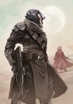  ario armor assault_rifle belt cloak commentary_request desert destiny_(game) gun helmet moon pouch rifle standing warlock_(destiny) weapon 