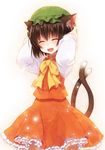  :d ^_^ ^o^ animal_ears bow brown_hair cat_ears cat_tail chen closed_eyes crote frilled_skirt frills hat multiple_tails nekomata open_mouth shirt short_hair skirt smile tail touhou two_tails vest 