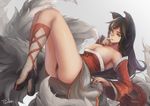  ahri animal_ears anus black_hair breasts detached_sleeves finger_in_mouth fox_ears fox_tail highres large_breasts league_of_legends long_hair looking_at_viewer low_neckline multiple_tails no_panties pandea_work pubic_hair pussy signature solo tail whiskers yellow_eyes 