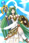  armlet bangle bare_shoulders blush bracelet breasts closed_mouth daniel_macgregor dress green_eyes green_hair jewelry kid_icarus lips long_hair medium_breasts necklace palutena scepter shield side_slit solo strapless strapless_dress thighhighs very_long_hair white_dress white_legwear 