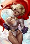  belt blonde_hair blue_eyes blue_sky breasts cape cleavage cleavage_cutout cloud commentary dc_comics english_commentary gloves large_breasts leotard lips looking_at_viewer parted_lips power_girl short_hair sky solo superhero yume_ou 