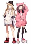  2girls ;3 animal_ear_fluff animal_ears animal_hat animal_hood arm_up baseball_cap black_hat black_legwear blonde_hair boots brown_hair cat_ears cat_girl cat_hood cat_tail closed_mouth dog_ears dog_girl dog_hat dog_tail drawstring full_body hand_in_pocket hands_in_pocket hat head_tilt headphones headphones_around_neck hood hood_up hoodie kmnz long_hair mc_lita mc_liz multiple_girls pink_hoodie purple_eyes red_eyes red_footwear shoes shugao sideways_hat simple_background smile sneakers standing tail thighhighs very_long_hair virtual_youtuber white_background white_footwear white_hoodie 