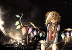  adapted_costume arm_strap ascot belt blonde_hair book city_lights cityscape flandre_scarlet glowing glowing_wings hair_ribbon highres long_sleeves messy_hair night ribbon scenery shirt side_ponytail sitting skirt skirt_set sky sleeping sleeping_upright solo star_(sky) starry_sky touhou venomrobo vest wings 