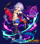  1girl :3 animal_print black_legwear blue_background blue_cape blue_footwear blue_shorts bokutodragon bow braid breasts cape cat_print fantasy full_body hair_bow hand_up long_braid looking_at_viewer magic_circle official_art patori purple_eyes red_cape shorts simple_background small_breasts solo standing thighhighs watermark white_bow 