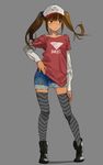  &gt;:( absurdres boots brown_eyes brown_hair clothes_writing cutoff_jeans cutoffs flat_chest frown hand_on_hip highres long_hair long_sleeves nanbo_ataru_(attall) original shirt sidelocks solo stitches t-shirt thighhighs twintails v-shaped_eyebrows 