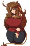  2013 alpha_channel bell big_breasts blush breasts brown_hair clothed clothing collar cow_ears eikasianspire female hair horn huge_breasts human long_hair looking_away mammal pants shirt smile solo wide_hips 