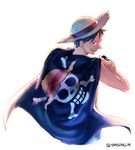 1boy flag hat jolly_roger male male_focus monkey_d_luffy one_piece over_shoulder pirate pirate_flag skull_and_crossbones solo straw_hat yamsong 