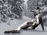  2014 antlers breasts butt cervine female hattonslayden horn looking_at_viewer looking_back mammal nipples outside reindeer snow solo 