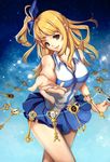  aquarius aries blonde_hair blue_skirt bow cancer capricorn constellation fairy_tail gemini key leo libra lucy_heartfilia night night_sky pieces pisces ramen_(aquare9ia) sagittarius scorpio skirt sky solo star star_(sky) starry_sky stars taurus virgo zodiac 