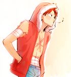  1boy bandage denim hands_in_pockets hood jeans male male_focus monkey_d_luffy musical_note one_piece open_clothes open_shirt pants scar shirt solo whistle yamsong 