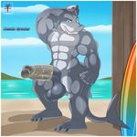  2014 aaron_(artist) abs anthro arm_behind_head balls beach biceps big_balls big_muscles big_penis claws condom erection fangs fish flexing green_eyes grey_penis grey_skin grin humanoid_penis looking_at_viewer male marine muscles nude outside pecs penis pepsi_(fa) pose sand scales sea seaside shark smile solo standing surfboard teeth thick_penis toe_claws toned vein veiny_penis water wearing_condom 