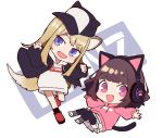  2girls :d animal_ears bangs baseball_cap black_hat black_jacket black_legwear blush boots brown_hair cat_ear_headphones cat_ears cat_girl cat_tail chibi claw_pose dog_ears dog_girl dog_tail drawstring eyebrows_visible_through_hair fang hands_up hat head_tilt headphones hood hood_down hoodie jacket kmnz light_brown_hair long_hair long_sleeves mc_lita mc_liz multiple_girls open_clothes open_jacket open_mouth pink_eyes pink_hoodie pleated_skirt puffy_long_sleeves puffy_sleeves purple_eyes red_footwear shugao sideways_hat skirt smile socks tail thighhighs very_long_hair virtual_youtuber white_background white_footwear white_hoodie white_skirt 