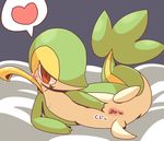  &lt;3 2014 blush crepix female feral inviting looking_at_viewer lying naughty_face nintendo pok&eacute;mon presenting presenting_pussy pussy pussy_juice red_eyes reptile scalie snake snivy solo video_games 