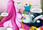  adventure_time areola big_breasts black_eyes breasts duo english_text female finn_the_human huge_breasts jake_the_dog male marceline princess_bubblegum red_eyes sweat text vampire witchking00 