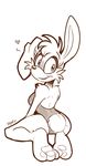  2014 anthro barefoot big_ears breasts bunnie_rabbot butt clothed clothing female fur hair hi_res kayla-na lagomorph looking_at_viewer mammal open_mouth paws plain_background presenting rabbit sega sketch smile solo sonic_(series) toes video_games 