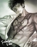  earrings facial_hair goatee jewelry looking_at_viewer male male_focus monochrome one_piece open_clothes open_shirt shirt solo tattoo trafalgar_law undressing yamsong 