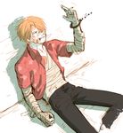  1boy bandage blonde_hair cigarette hair_over_one_eye injury leaning male male_focus one_piece open_clothes open_shirt sanji shirt sitting skypiea solo yamsong 