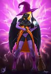  anthro avian bird blonde_hair blue_eyes boots broom camel_toe claws clothing crow digitigrade feathers female fingerless_gloves gloves hair hat legwear magic_user orb raven shiny stockings taala underwear wings witch witch_hat 