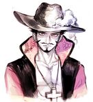  1boy chinstrap crossed_arms dracule_mihawk hat hat_feather jewelry lining male male_focus necklace one_piece open_clothes open_shirt popped_collar shichibukai shirt solo yamsong yellow_eyes 