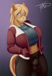  2014 anise anthro balls blue_eyes breasts bulge clothed clothing dickgirl equine freckles_(artist) hair horse intersex jacket long_hair mammal navel pants shirt solo tank_top thick_thighs tight_clothing yoga_pants 