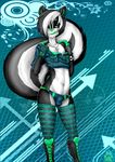  2014 abstract_background anthro bastion black_fur black_hair blue_eyes boots bulge clothed clothing cross eyelashes fingerless_gloves fur girly gloves green_tongue hair hoodie legwear licking licking_lips looking_away male mammal navel necklace piercing skimpy skunk slim solo standing stockings striped_stockings thigh_highs tongue tongue_out tongue_piercing two_tone_hair underwear white_belly white_fur white_hair wristband 