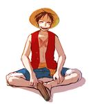  1boy denim denim_shorts eyes_closed flip-flops indian_style male male_focus monkey_d_luffy one_piece open_clothes open_mouth open_shirt red_vest sandals sash scar shirt shorts sitting smile solo vest yamsong 