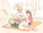  3boys alternate_costume angry barefoot blonde_hair bucket green_hair hat heart jolly_roger monkey_d_luffy multiple_boys one_piece playground roronoa_zoro sandbox sanji scar shirt shorts shovel sitting sleeping straw_hat t-shirt tank_top worktool yamsong younger 