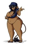  2014 alpha_channel areola big_breasts black_eyes black_hair breasts brown_nipples clothing cow_ears eikasianspire female hair hat hindpaw human long_hair looking_at_viewer mammal navel nipples overweight panties paws sandals shirt smile solo standing thick_thighs underwear 