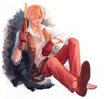 1boy blonde_hair gloves gun hair_over_one_eye male_focus one_piece one_piece_film_z red_pants sanji shirt sitting solo vest weapon white_shirt yamsong 