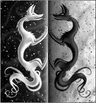  2014 abstract_background black_and_white black_fur canine duo fox foxcat fur grey_fur greyscale mammal monochrome ratte smile spirit stars white_fur 