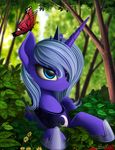  2014 arthropod blue_eyes blue_hair bush butterfly equine female feral flower forest friendship_is_magic hair horn insect mammal my_little_pony necklace outside princess_luna_(mlp) rose solo tree winged_unicorn wings yakovlev-vad 