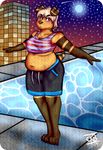  2014 blue_eyes blush bulge chubby clothed clothing curlykaiserbunny_(artist) cute dickgirl intersex mammal marsupial navel night night_sky obese overweight pool shirt shorts skyscraper solo standing stripes tank_top thylacine voluptuous 