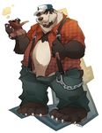  4_toes barefoot bear beard big_feet black_nose chain chubby clothed clothing facial_hair hat kuma male mammal overweight panda pipe smile smoking solo suspenders toes 