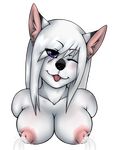  alpha_channel blush breast_milk breasts canine chioro female fox looking_at_viewer mammal nipples nude one_eye_closed smile solo tongue 