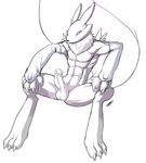  abs balls bandai canine circumcised crossgender digimon erection fox gloves male mammal monochrome muscles pecs penis plain_background renamon sitting solo thunder-renamon white_background 