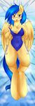  anthro bedroom_eyes big_breasts blue_hair blush breasts brown_eyes clothing cutie_mark equine feathers female friendship_is_magic fur hair hi_res hooves horse long_hair looking_at_viewer lying mammal my_little_pony nipples on_back original_character pegasus pony presenting rainbowscreen smile solo swimsuit tongue two_tone_hair wings yellow_fur 