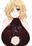  after_paizuri bare_shoulders blush breasts cleavage_cutout cum cum_on_body cum_on_breasts cum_on_clothes cum_on_upper_body green_eyes hair_over_one_eye han_(jackpot) huge_breasts mizuhashi_parsee pointy_ears shirt sleeveless sleeveless_turtleneck solo sweat tears torn_clothes torn_shirt touhou turtleneck 