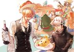  2girls 6+boys blonde_hair blue_hair brook cup cyborg food franky green_hair guitar hat instrument meat monkey_d_luffy mug multiple_boys multiple_girls nami nami_(one_piece) nico_robin one_piece orange_hair plate rice roronoa_zoro sanji sitting sunglasses table tony_tony_chopper trafalgar_law usopp yamsong 