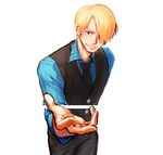  1boy black_necktie blonde_hair blue_shirt cigarette hair_over_one_eye male male_focus necktie one_piece pinstripe_pattern sanji shirt simple_background solo waistcoat yamsong 